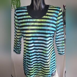 Soft Works Black and Aqua Green Striped Top M